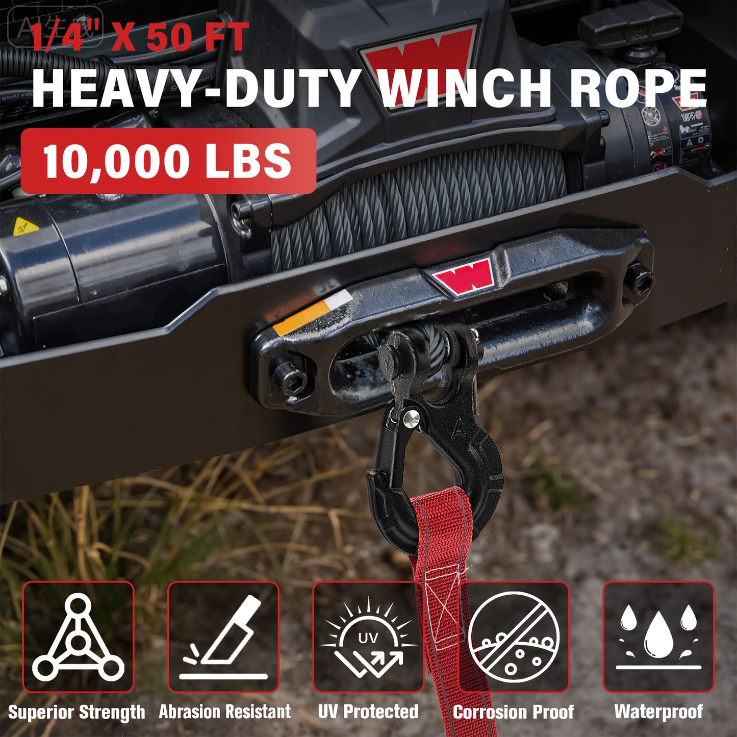 Synthetic Winch Rope Kit - 1/4" x 50' 10000 lbs Synthetic Winch Cable for ATV UTV Off-Road Vehicles with Forged Hook, Rubber Stopper, Protective Sleeve and Safety Pull Strap - Grey