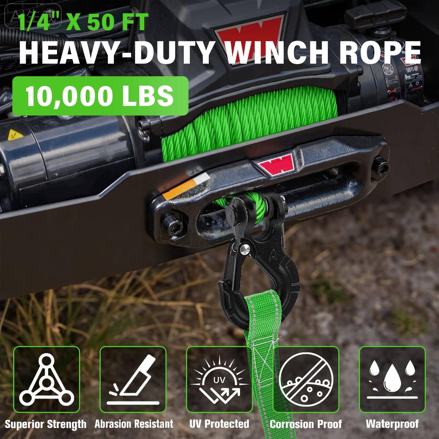Synthetic Winch Rope Kit - 1/4" x 50' 10000 lbs Synthetic Winch Cable for ATV UTV Off-Road Vehicles with Forged Hook, Rubber Stopper, Protective Sleeve and Safety Pull Strap - Grey