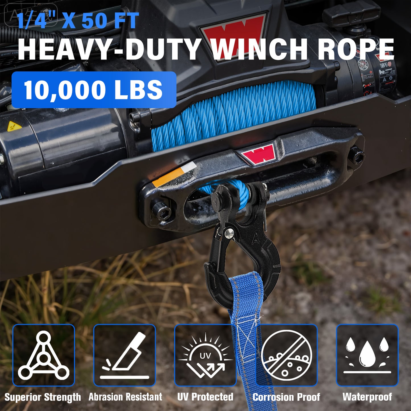 Synthetic Winch Rope Kit - 1/4" x 50' 10000 lbs Synthetic Winch Cable for ATV UTV Off-Road Vehicles with Forged Hook, Rubber Stopper, Protective Sleeve and Safety Pull Strap - Grey