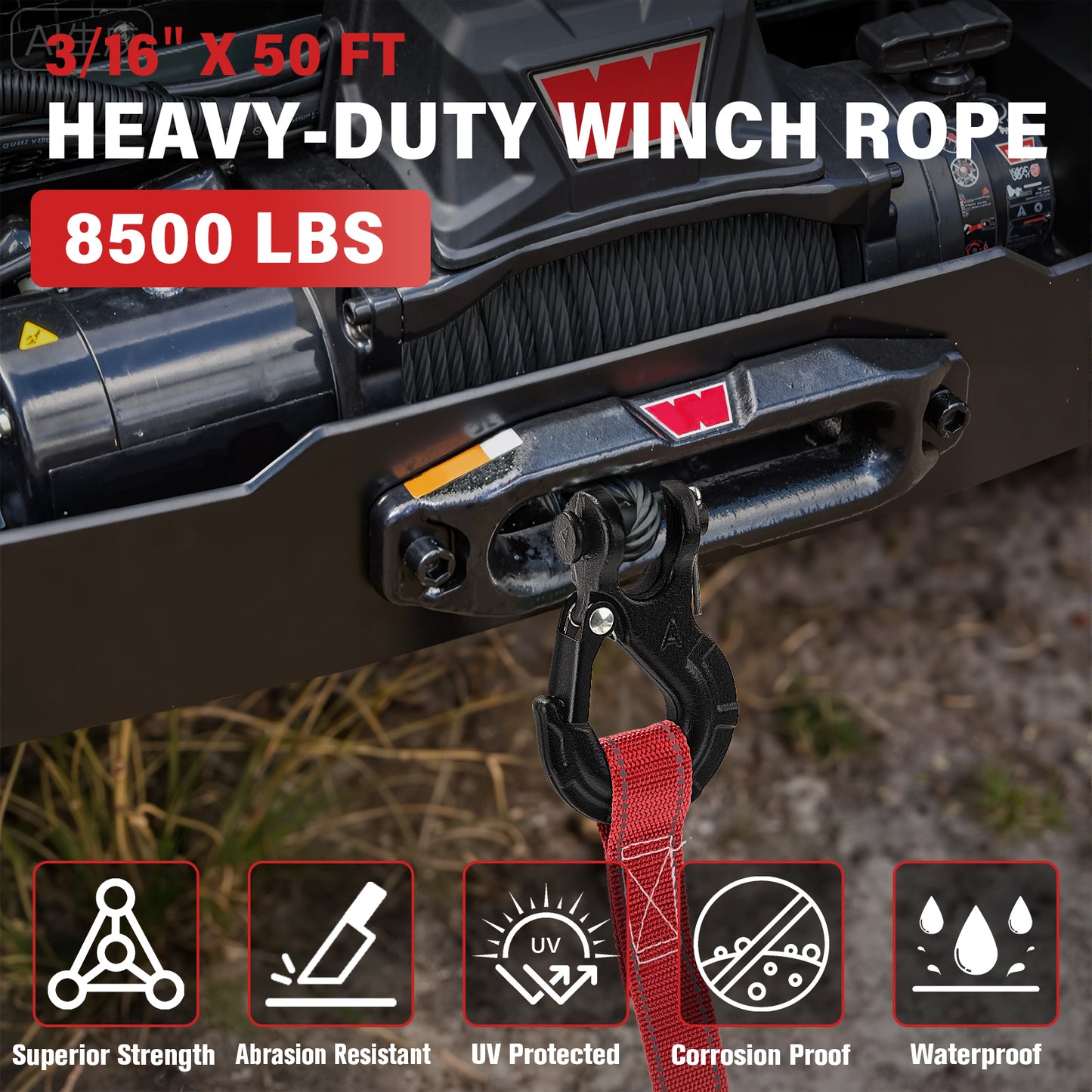 Synthetic Winch Rope Kit - 1/4" x 50' 10000 lbs Synthetic Winch Cable for ATV UTV Off-Road Vehicles with Forged Hook, Rubber Stopper, Protective Sleeve and Safety Pull Strap - Grey