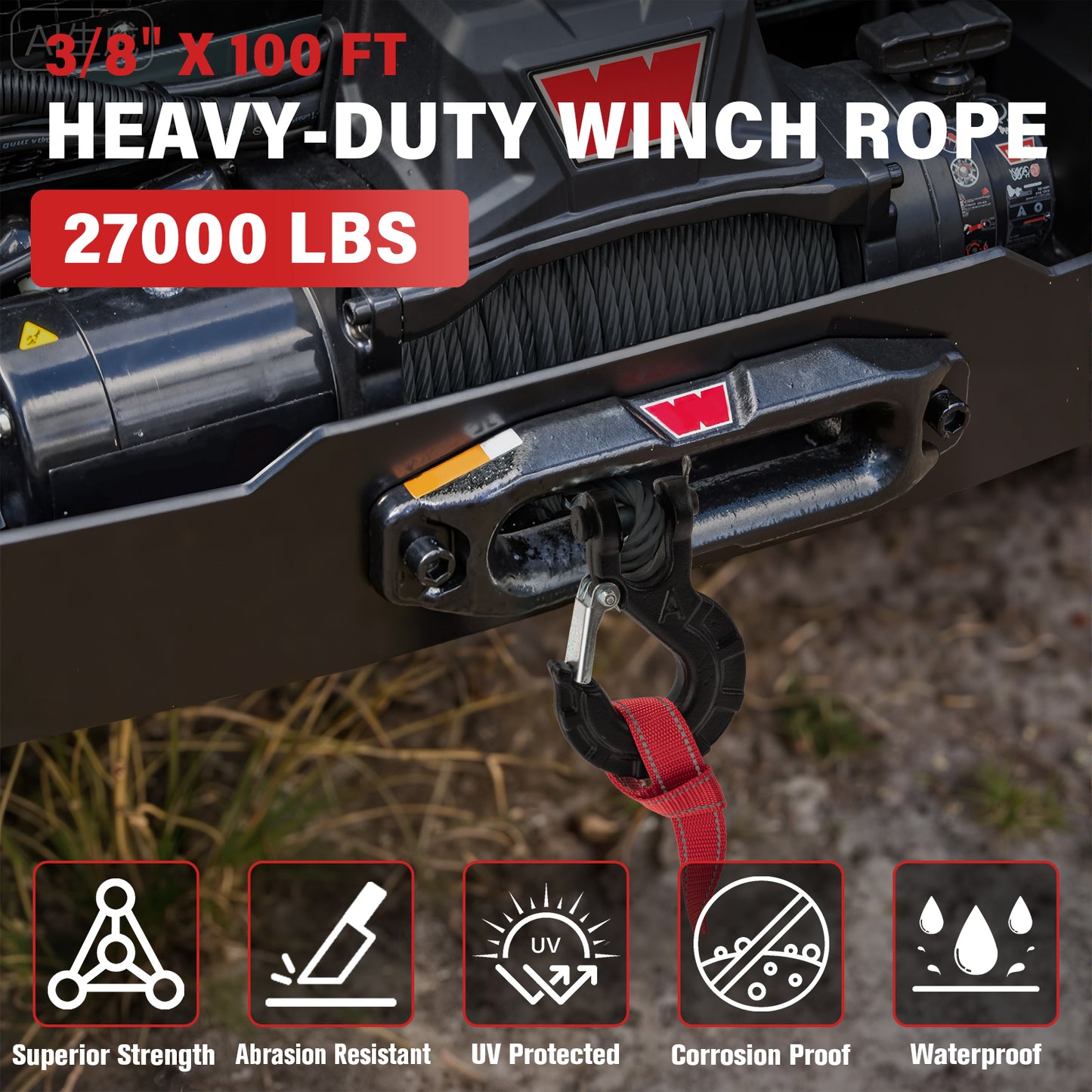 Synthetic Winch Rope Kit - 1/4" x 50' 10000 lbs Synthetic Winch Cable for ATV UTV Off-Road Vehicles with Forged Hook, Rubber Stopper, Protective Sleeve and Safety Pull Strap - Grey