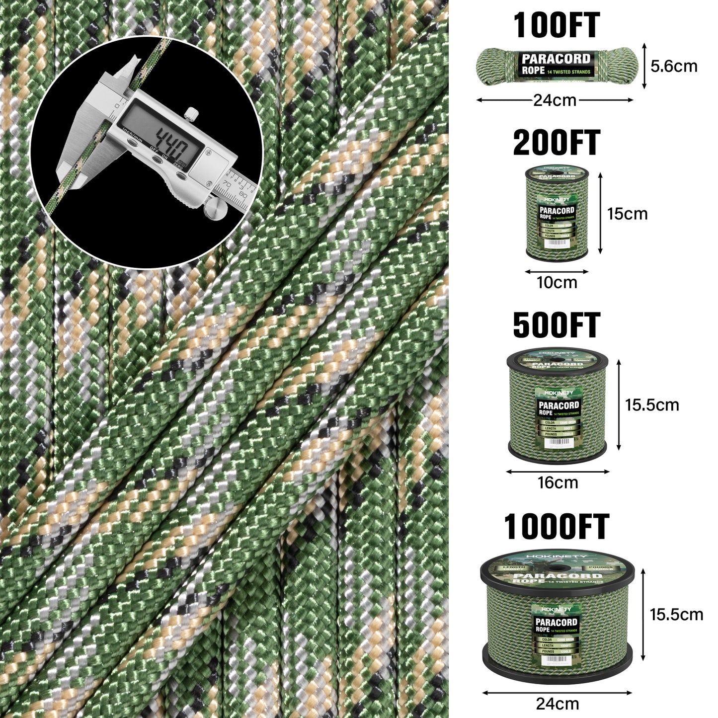 1200 Paracord Rope - 4.4mm 14 Strand Nylon Parachute Spool para Cord Lanyard for Outdoor Camping Survival Utility Tent Crafting DIY Projects Fishing Clothsline Bracelet - ArmyGreen