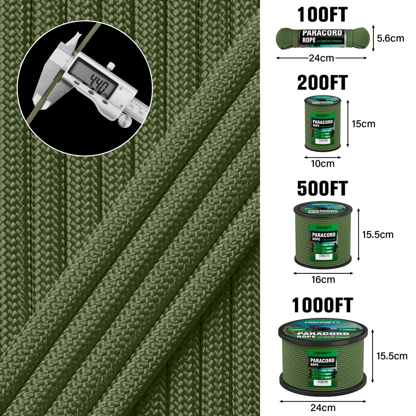 1200 Paracord Rope - 4.4mm 14 Strand Nylon Parachute Spool para Cord Lanyard for Outdoor Camping Survival Utility Tent Crafting DIY Projects Fishing Clothsline Bracelet - ArmyGreen