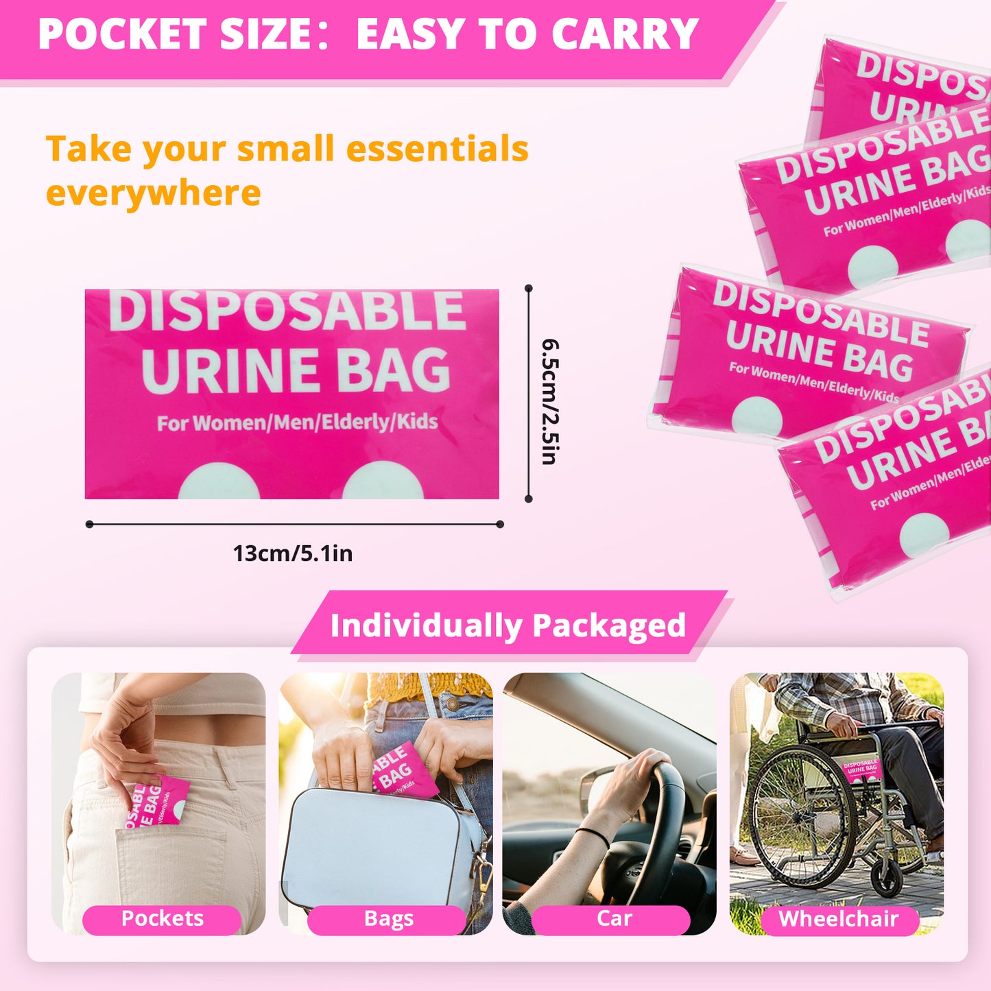 Disposable Urine Bag for Travel - 900ML Portable Pee Bags for Women Men 12 PCS Emergency Vomit Bags Unisex Toilet Urinal for Car Camping, Road Trip,Traffic Jams, Pregnant, Kids, Patient - Fuchsia