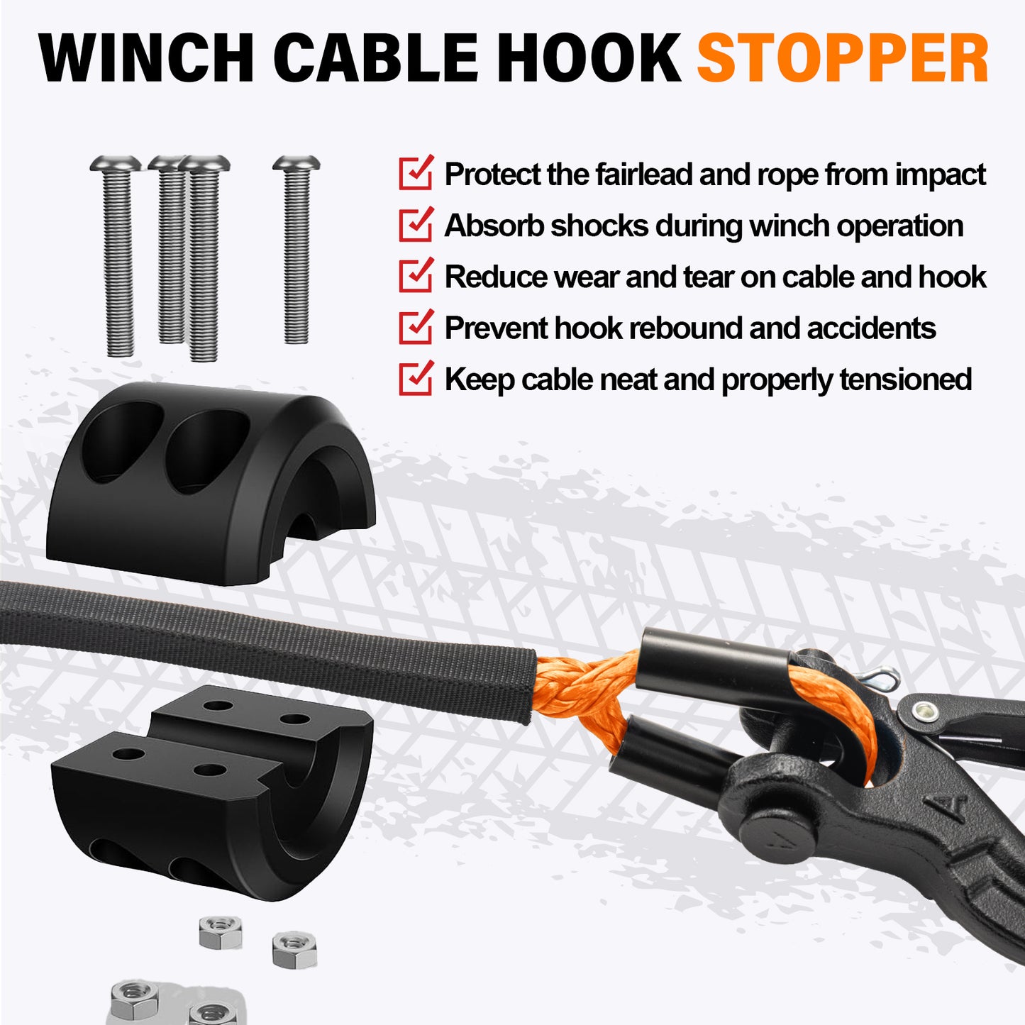 Synthetic Winch Rope Kit - 1/4" x 50' 10000 lbs Synthetic Winch Cable for ATV UTV Off-Road Vehicles with Forged Hook, Rubber Stopper, Protective Sleeve and Safety Pull Strap - Grey