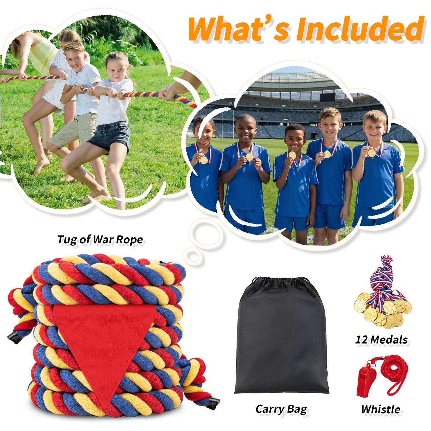 Tug of War Rope for Kids & Adults - 20ft Soft Cotton Outdoor Pulling Rope with Flag for Team Building Activities Field Day Family Reunions Birthday Parties Camping Games- Orange