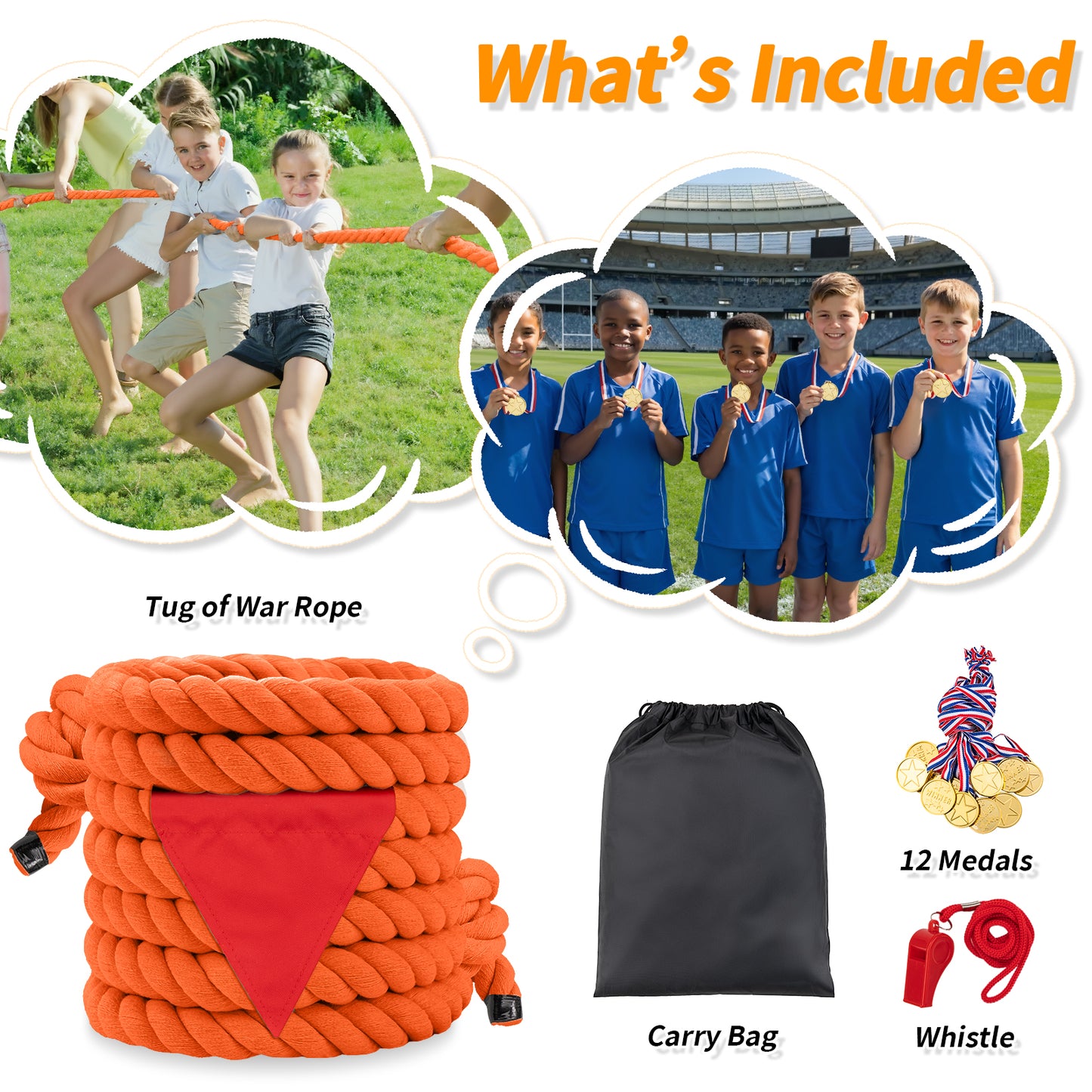 Tug of War Rope for Kids & Adults - 20ft Soft Cotton Outdoor Pulling Rope with Flag for Team Building Activities Field Day Family Reunions Birthday Parties Camping Games- Orange