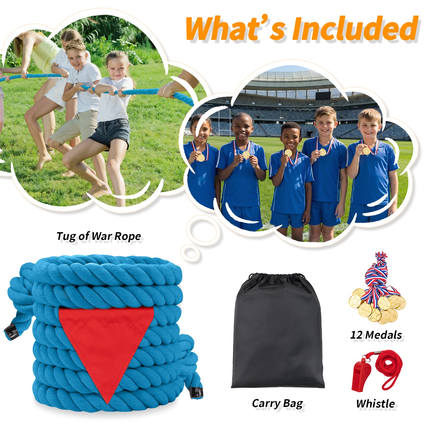 Tug of War Rope for Kids & Adults - 20ft Soft Cotton Outdoor Pulling Rope with Flag for Team Building Activities Field Day Family Reunions Birthday Parties Camping Games- Orange
