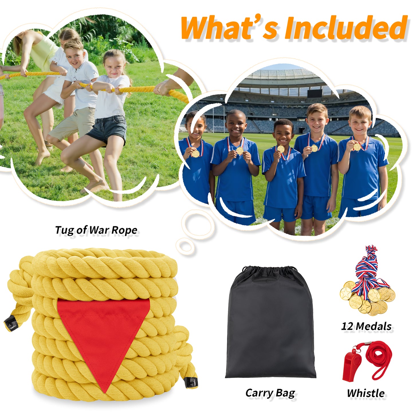 Tug of War Rope for Kids & Adults - 20ft Soft Cotton Outdoor Pulling Rope with Flag for Team Building Activities Field Day Family Reunions Birthday Parties Camping Games- Orange
