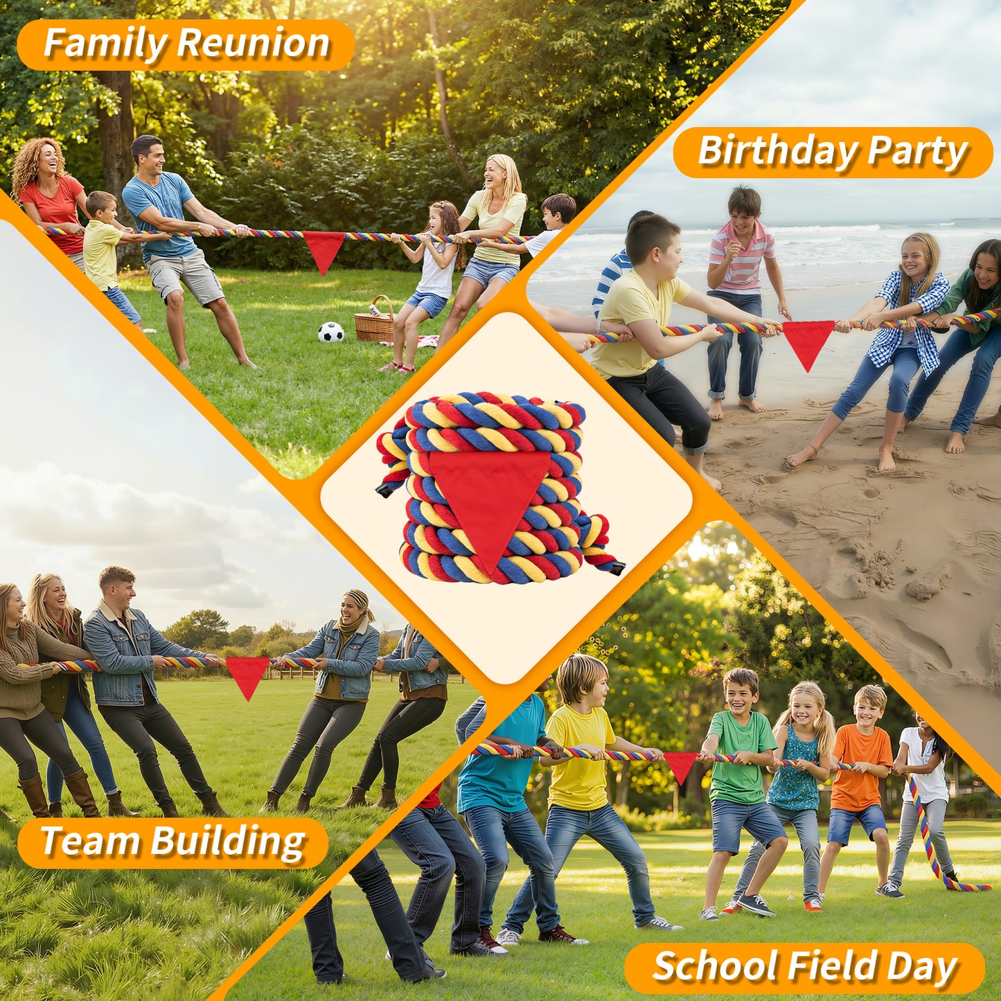 Tug of War Rope for Kids & Adults - 20ft Soft Cotton Outdoor Pulling Rope with Flag for Team Building Activities Field Day Family Reunions Birthday Parties Camping Games- Orange