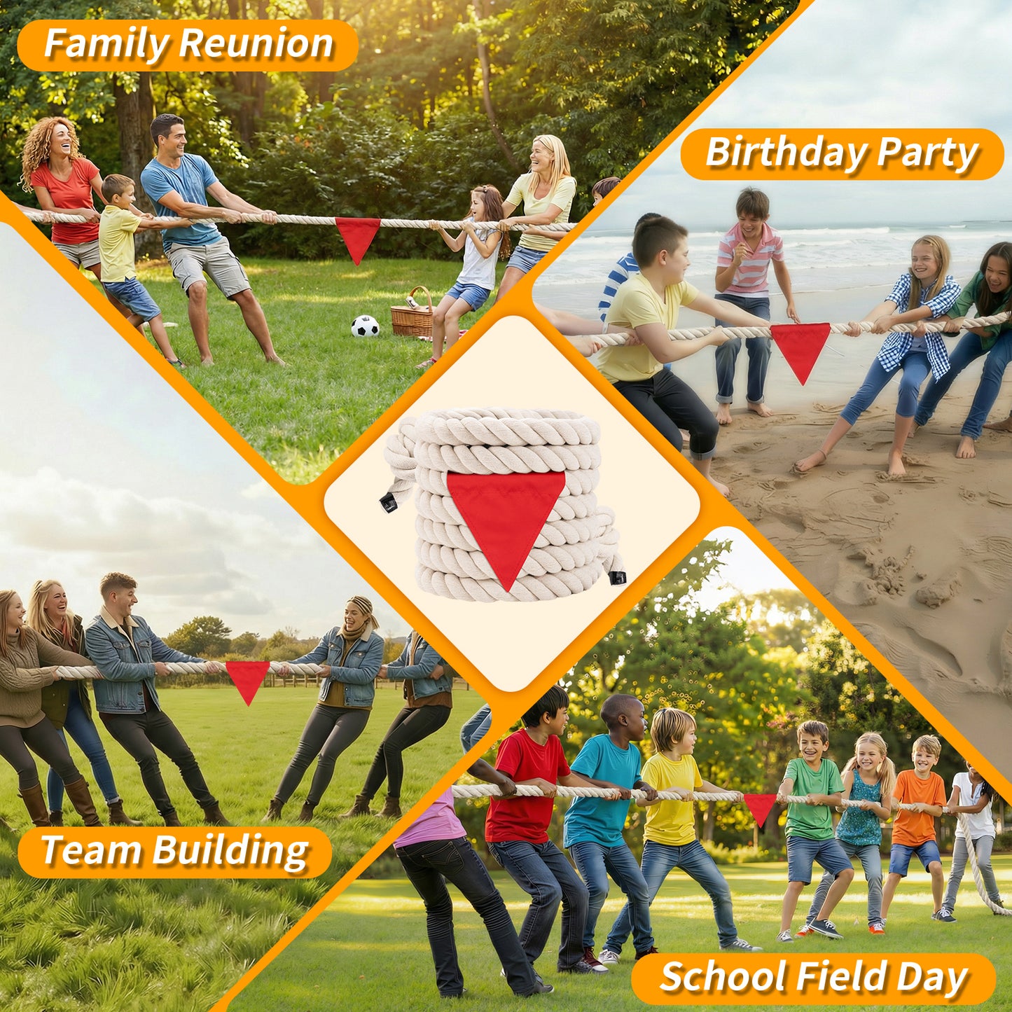 Tug of War Rope for Kids & Adults - 20ft Soft Cotton Outdoor Pulling Rope with Flag for Team Building Activities Field Day Family Reunions Birthday Parties Camping Games- Orange