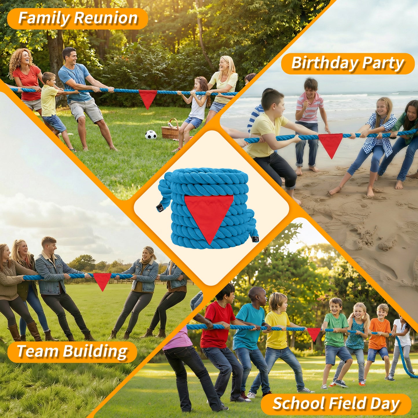 Tug of War Rope for Kids & Adults - 20ft Soft Cotton Outdoor Pulling Rope with Flag for Team Building Activities Field Day Family Reunions Birthday Parties Camping Games- Orange