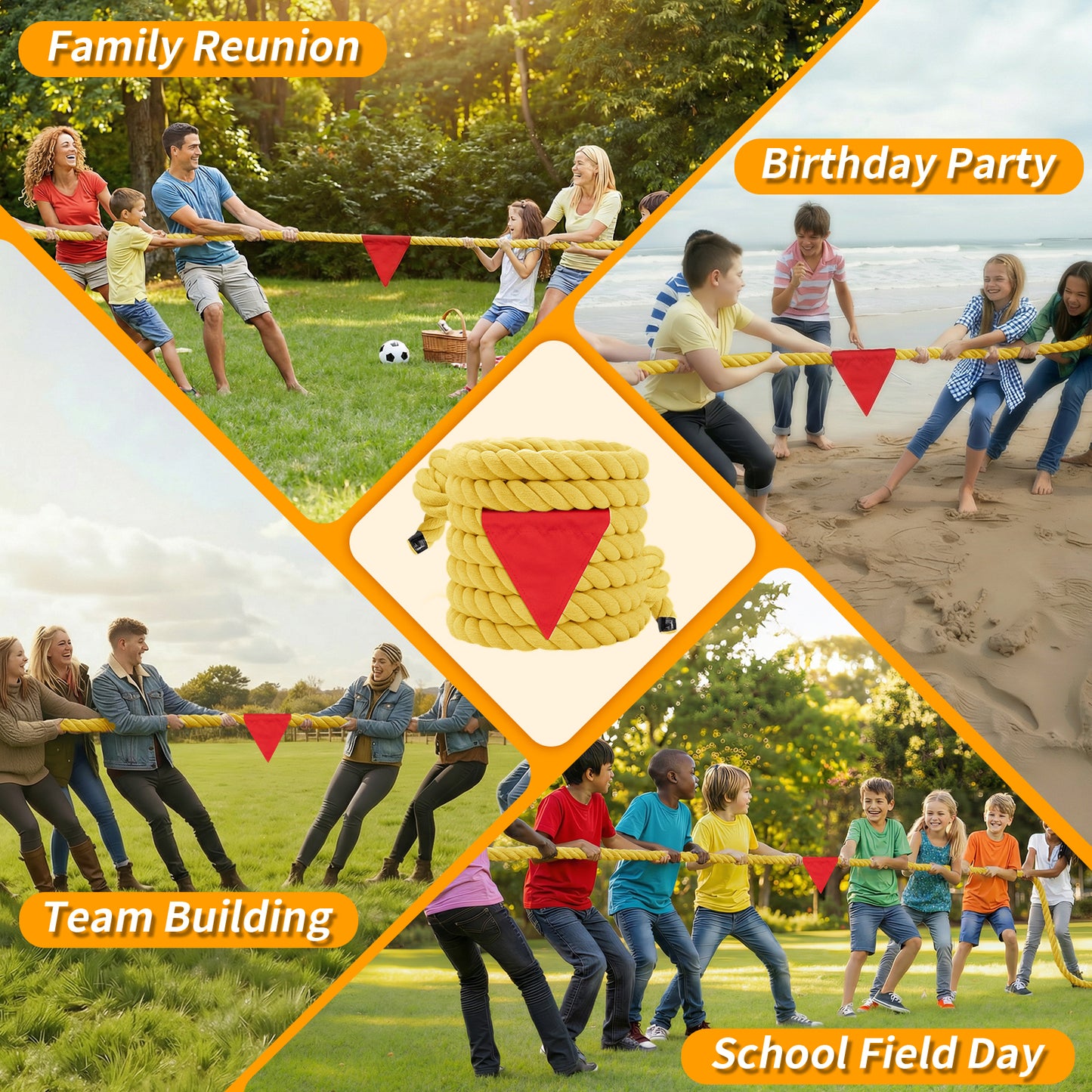 Tug of War Rope for Kids & Adults - 20ft Soft Cotton Outdoor Pulling Rope with Flag for Team Building Activities Field Day Family Reunions Birthday Parties Camping Games- Orange