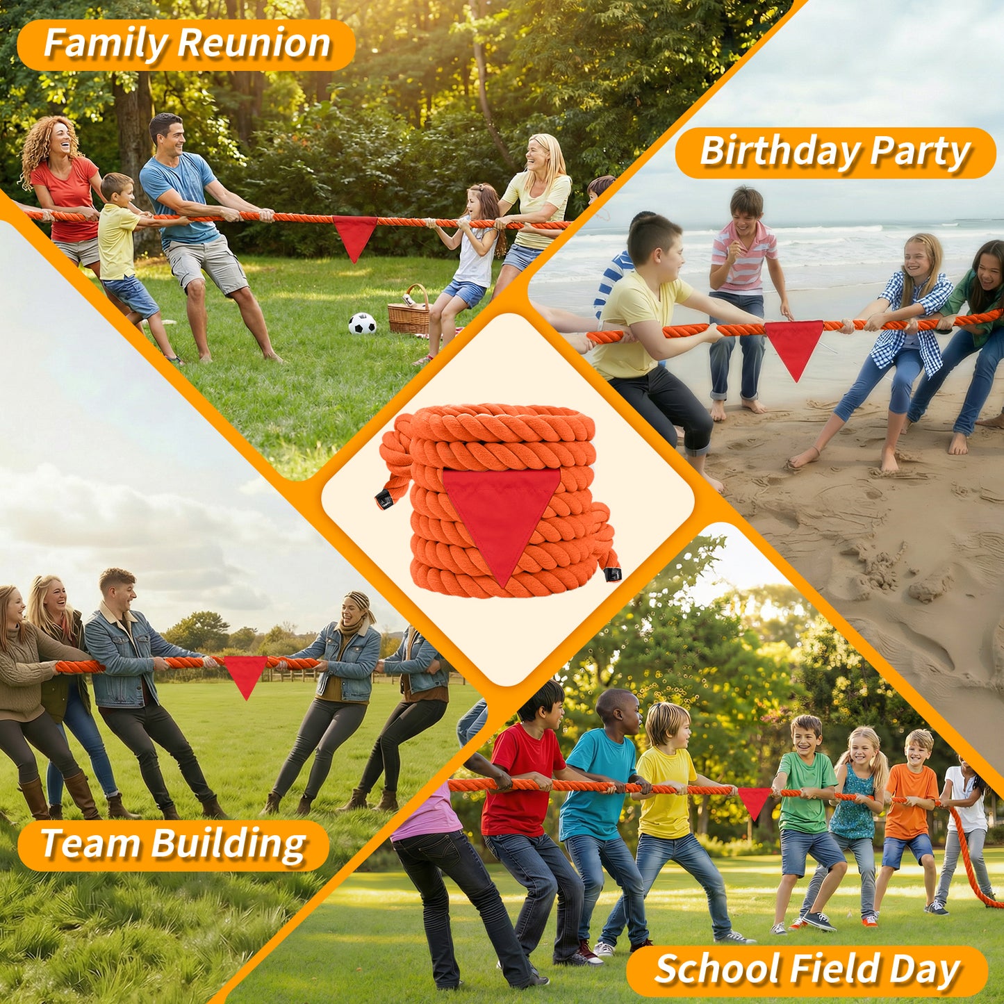 Tug of War Rope for Kids & Adults - 20ft Soft Cotton Outdoor Pulling Rope with Flag for Team Building Activities Field Day Family Reunions Birthday Parties Camping Games- Orange