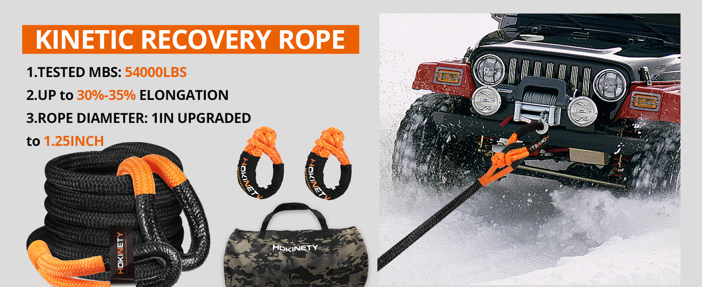 Kinetic Recovery Tow Rope: 1.26" x 30ft 55000LBS Snatch Strap with Soft Shackles Heavy Duty Offroad Towing Straps Kit for Trucks SUV UTV ATV Tractor Car Jeep - Black